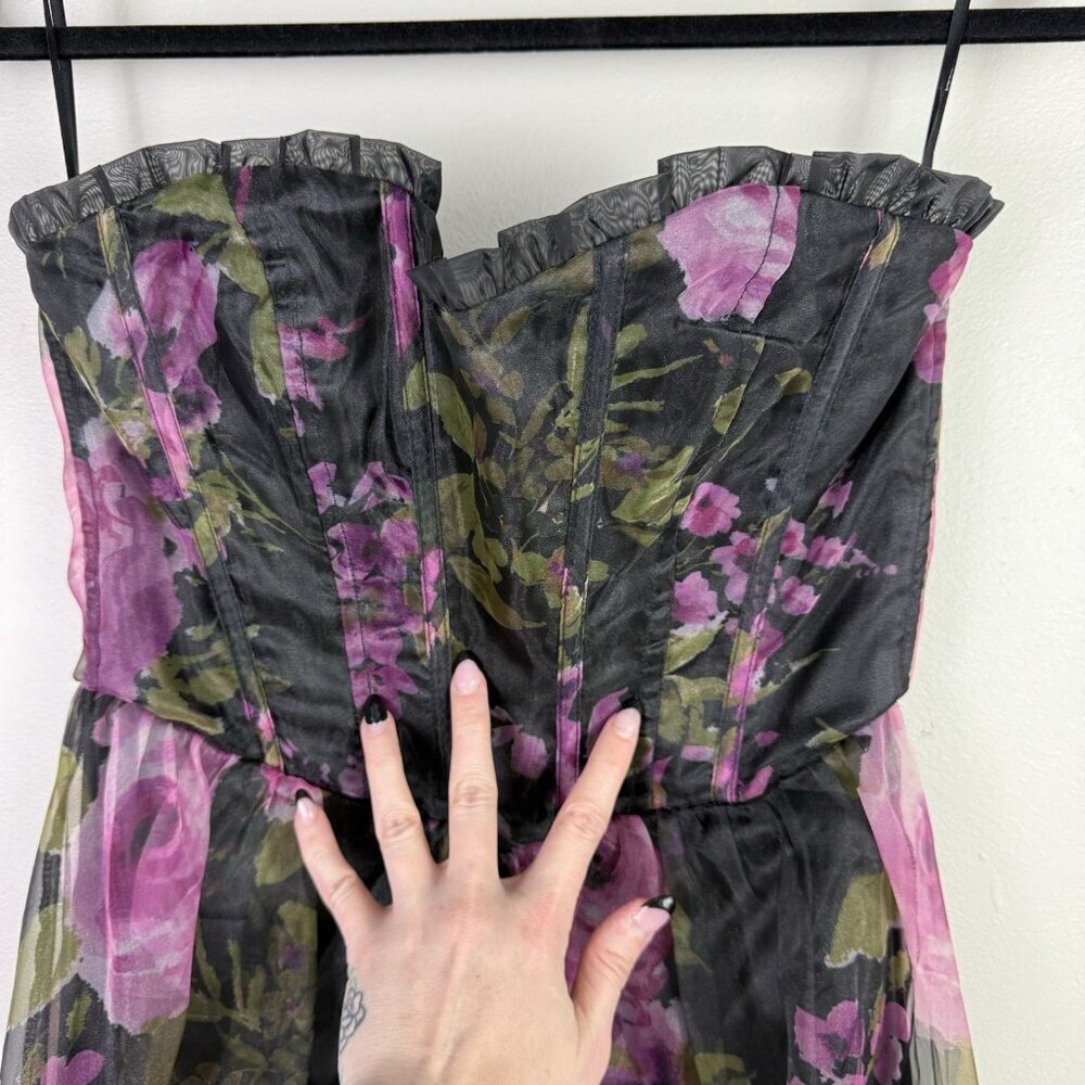 Lulus Strapless Floral Maxi Dress Corset Bodice Black Purple Wedding Guest - Picture 6 of 10